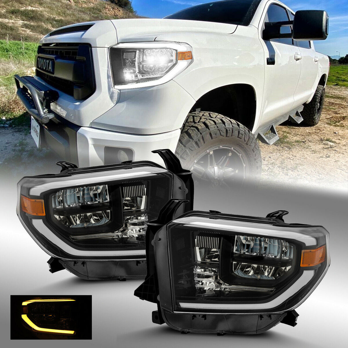 Black TRD LED StripTube Truck HeadLight Set for 2014-2018