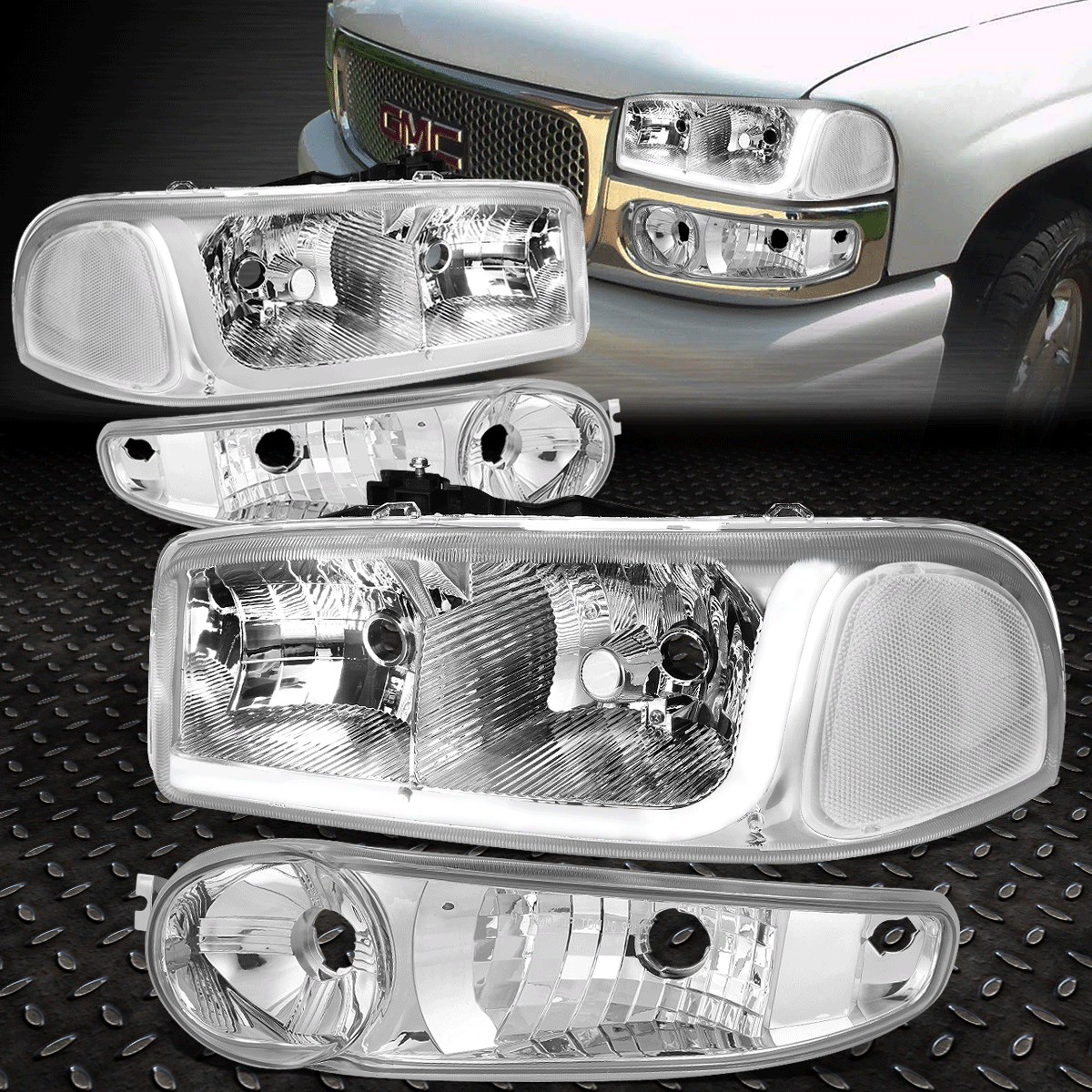 Chrome Clear Housing Headlights with Bumper Lamps for 01-07 GMC