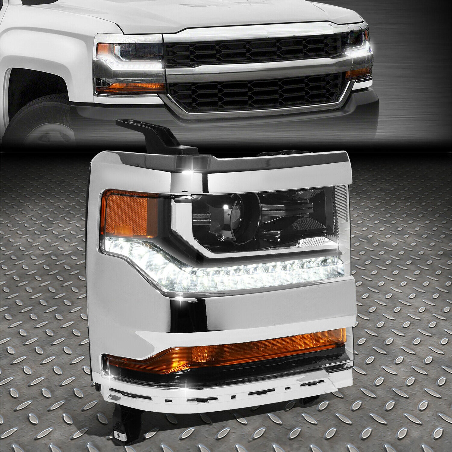 Chrome Housing Dual Headlight with LED DRL Bar Sequential Signal