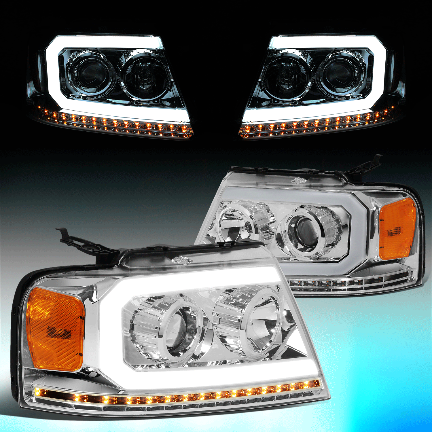 Chrome Housing Sequential Turn Signal Headlights with LED DRL