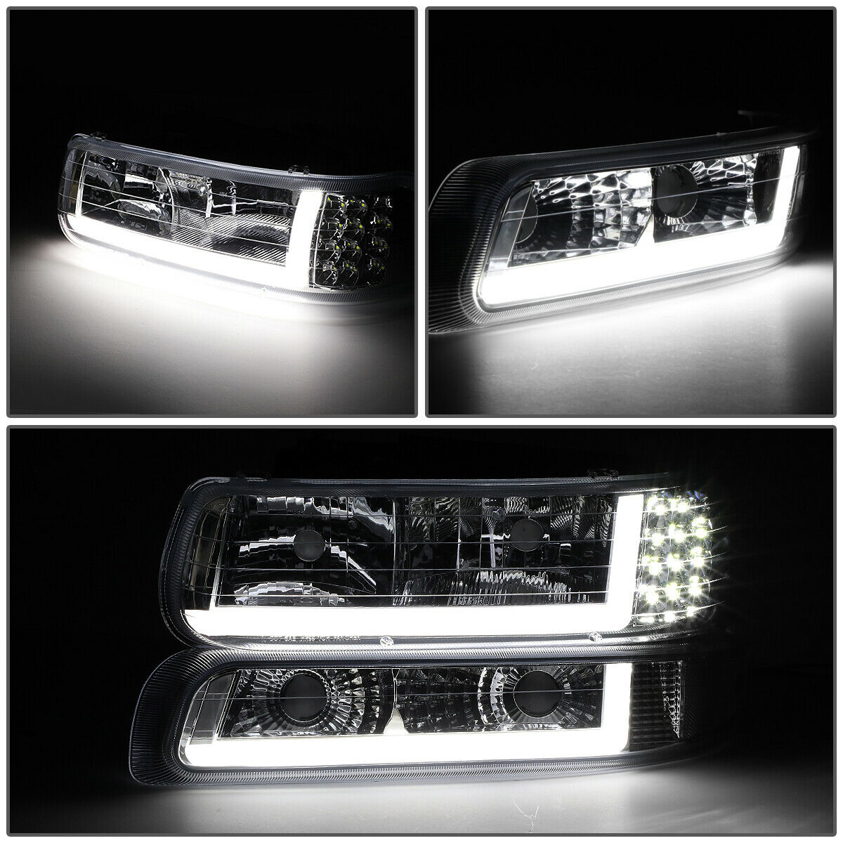 Chrome Housing 4Pcs LED DRL Headlight with Bumper Turn Signal for