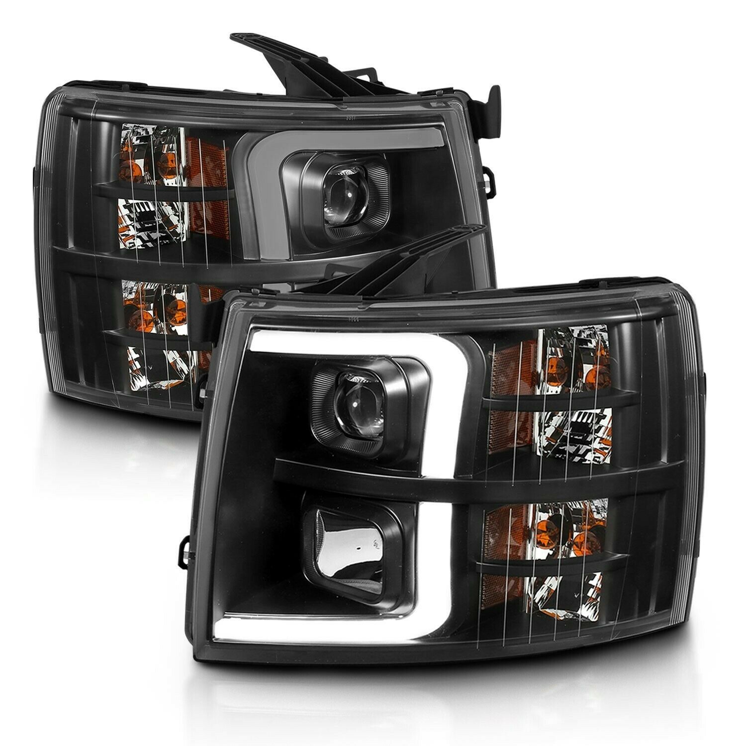 Black Plank LED HALO Projector Headlights for 07-13 Silverado from