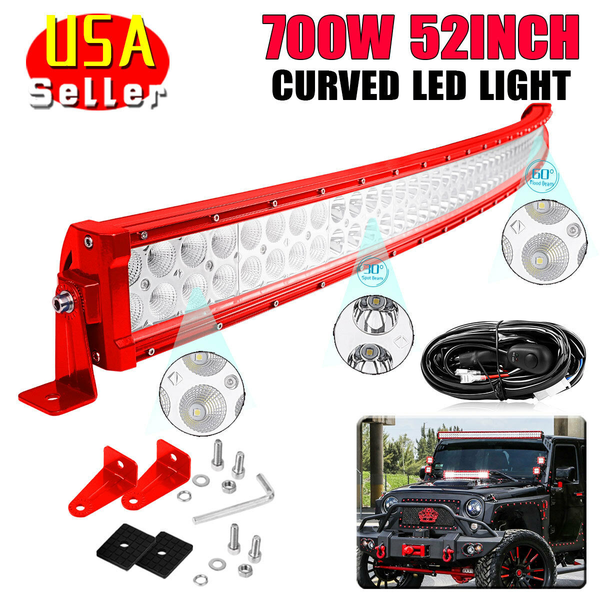 Red 52 700W LED Light Bar Flood Spot Combo for Off-road Driving