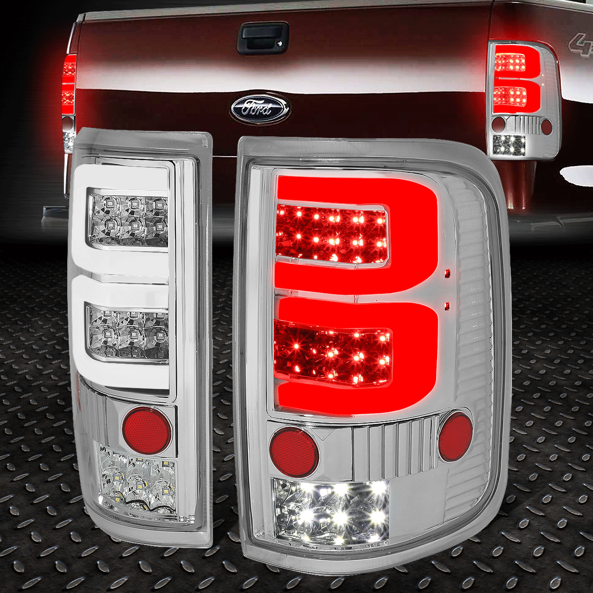 Chrome Housing Tail Brake Light with Dual LED C-Tube Bar for