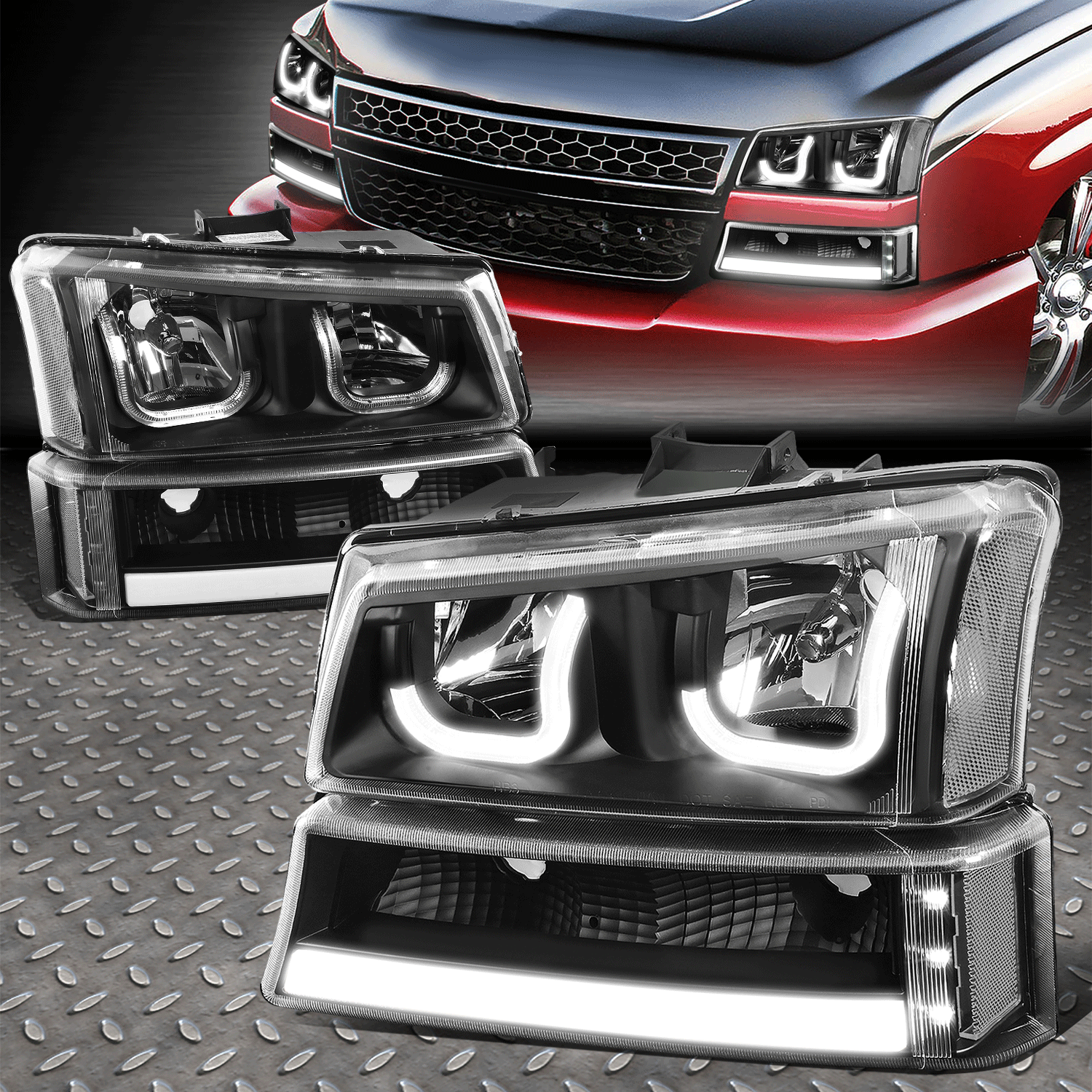 Black LED J Halos DRL Bar Headlight with Clear Bumper for 03 07