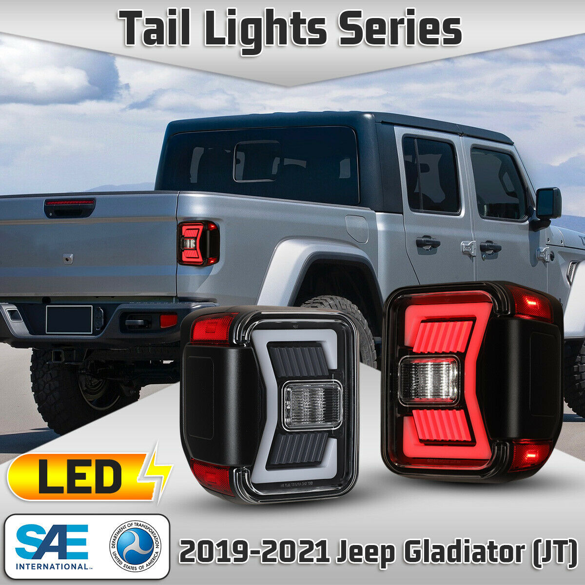 Black LED Tail Lights with Clear Sequential Turn Signal for 19-21