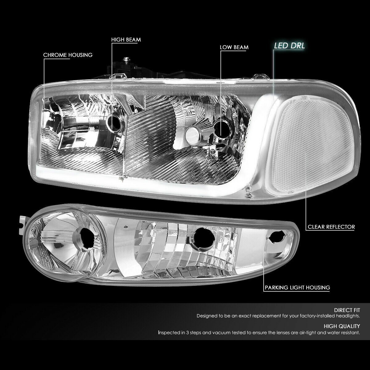 Chrome Clear Housing Headlights with Bumper Lamps for 01-07 GMC