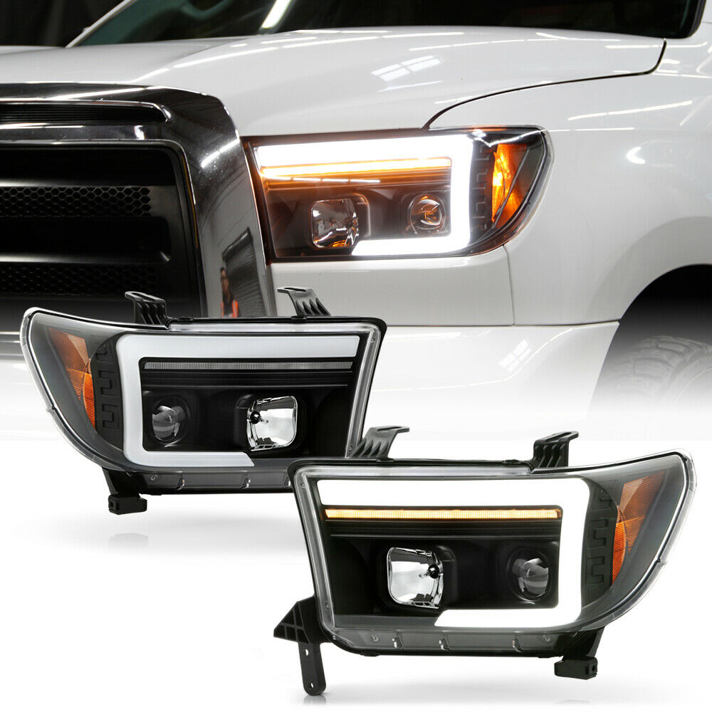 Black Tube Sequential Signal Headlight with LED DRL Projector for
