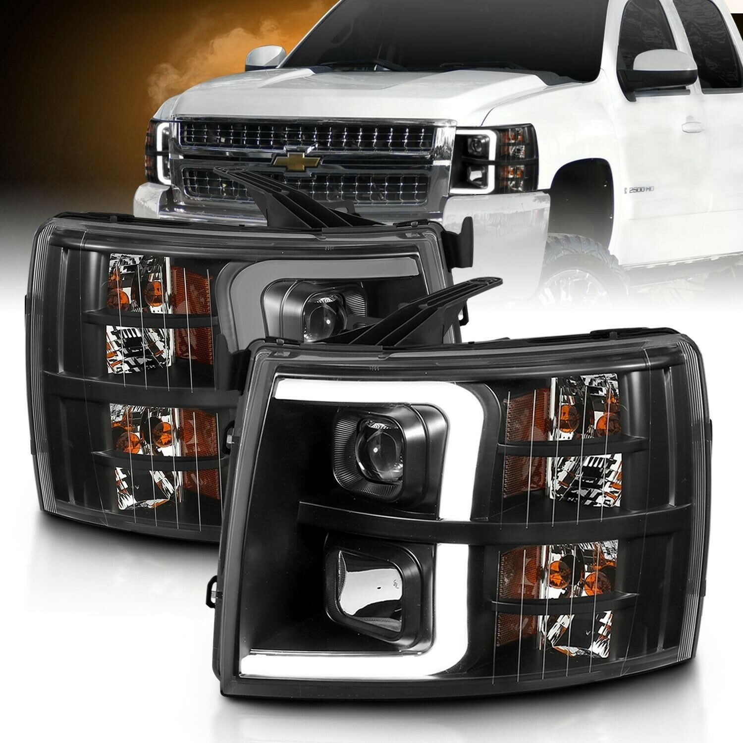 Black Plank LED HALO Projector Headlights for 07-13 Silverado from