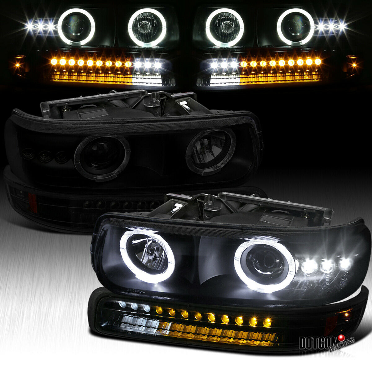 Black Smoke Headlights with LED Projector Bumper for 1999-2002
