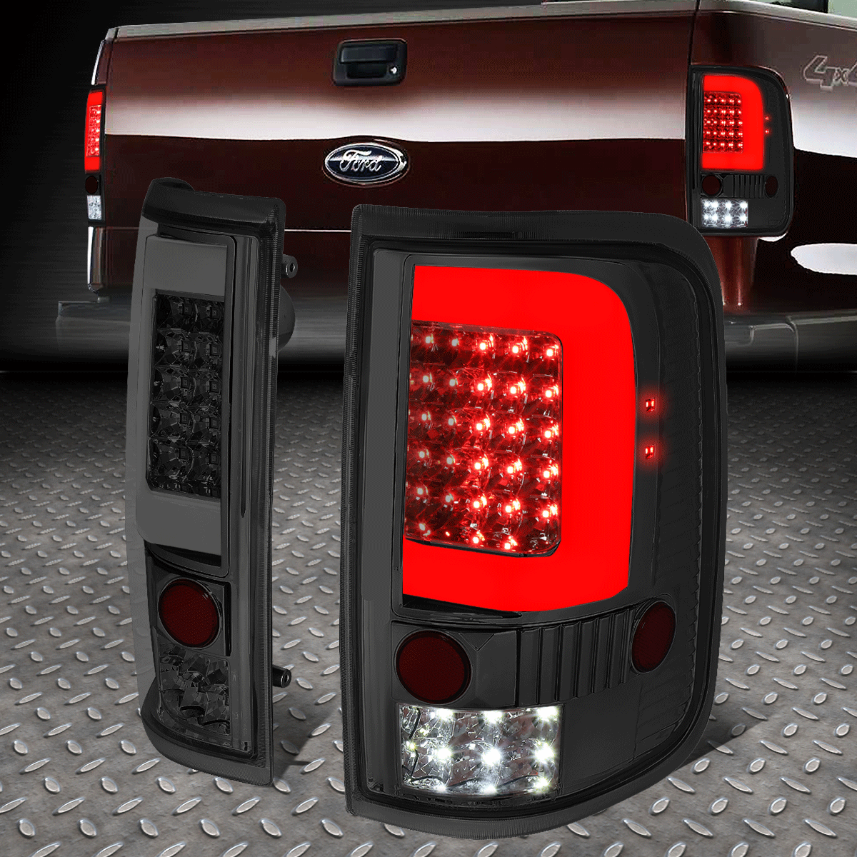 Smoked Housing Tail Brake Light Set with LED C-Tube Bar for