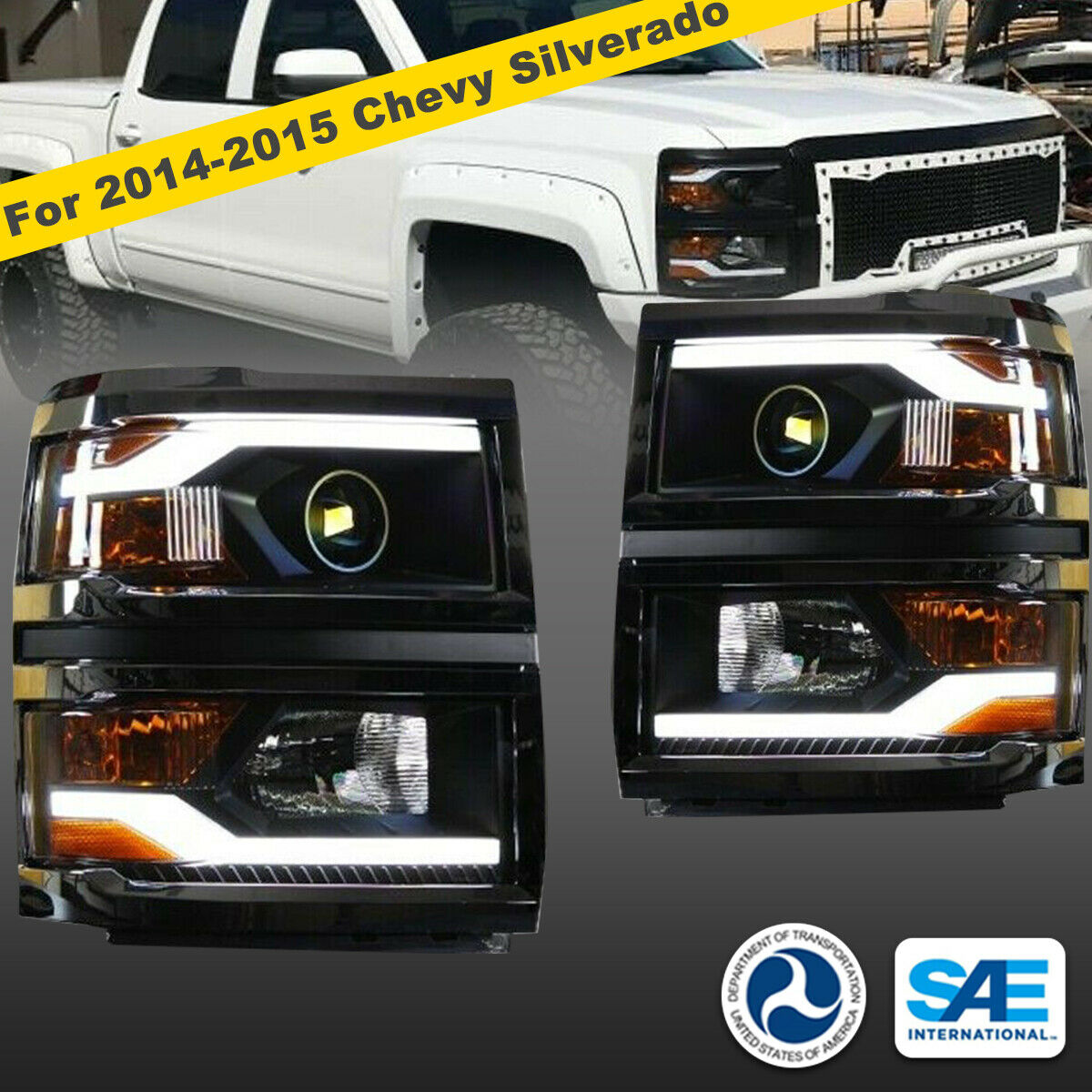 Black Housing LED Projector Headlights with DRL Light Bar for 14